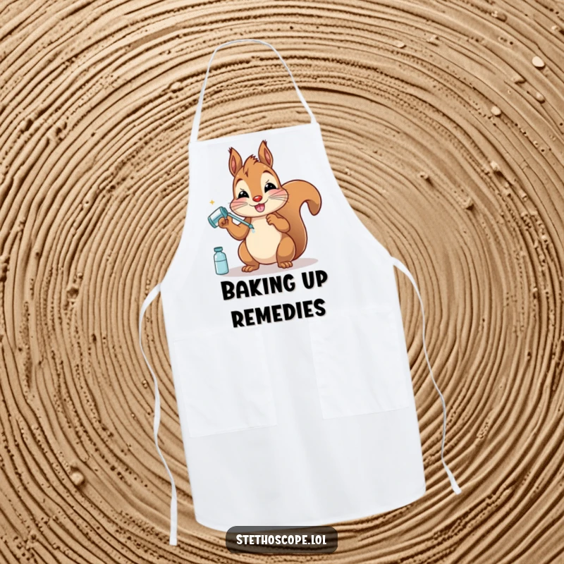 Funny Squirrel Doctor Apron: A happy squirrel with pretend medicine, designed for a humorous and practical kitchen experience.