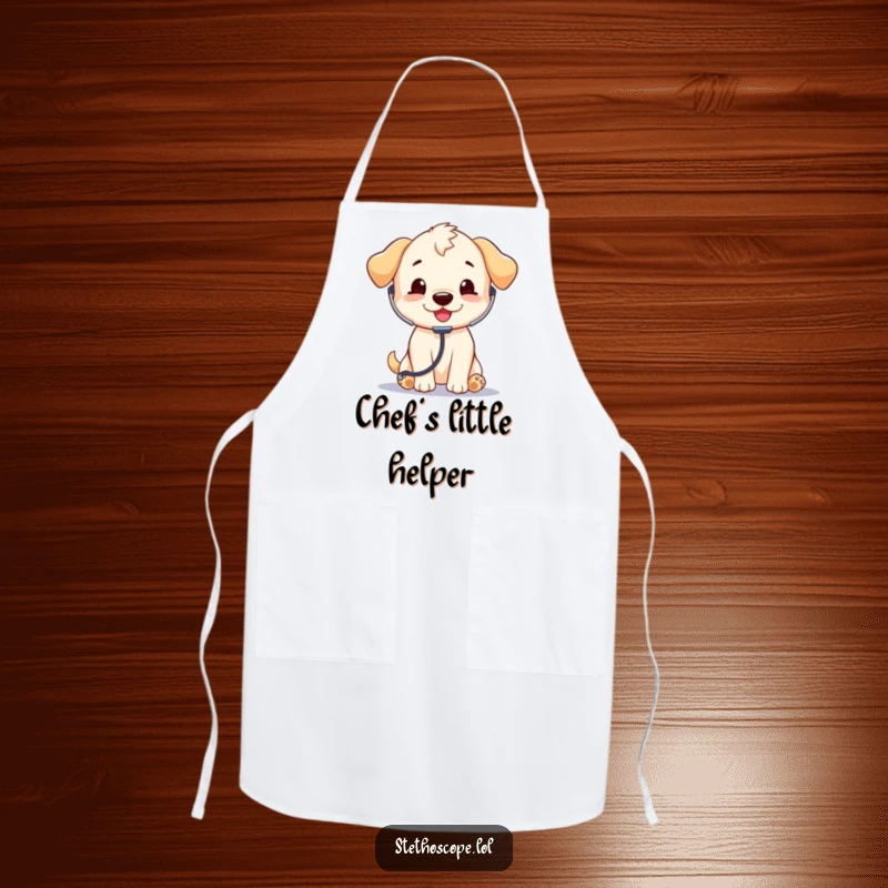 Funny Puppy Doctor Apron: A playful puppy with a stethoscope, designed for a humorous and practical kitchen experience.