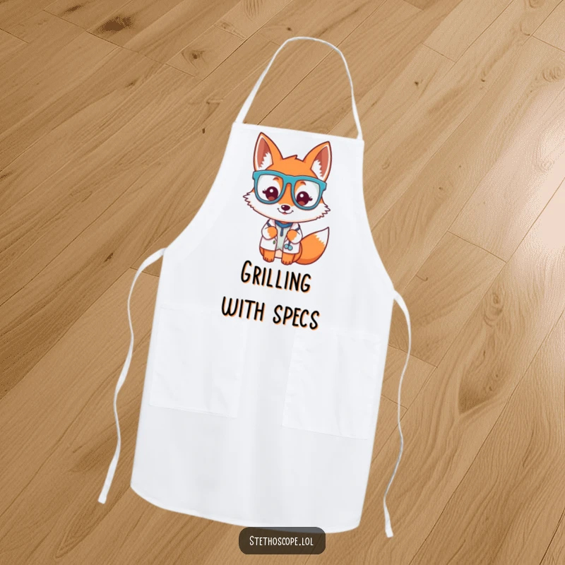 Funny playful fox doctor character wearing oversized glasses, a functional and humorous apron.