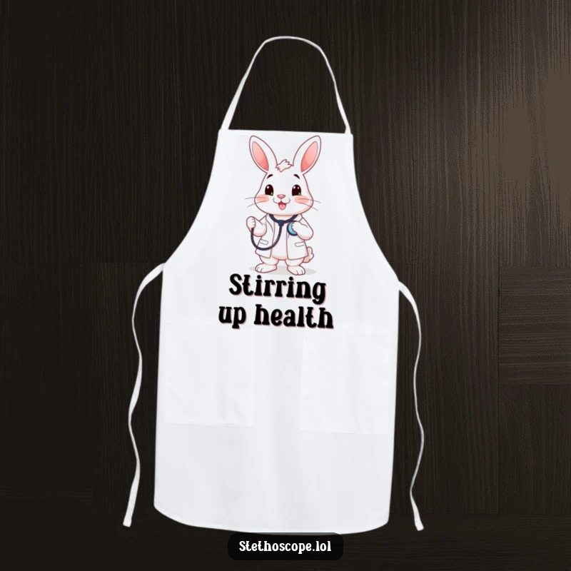 Funny happy rabbit doctor character holding a stethoscope to its chest, a functional and humorous apron.