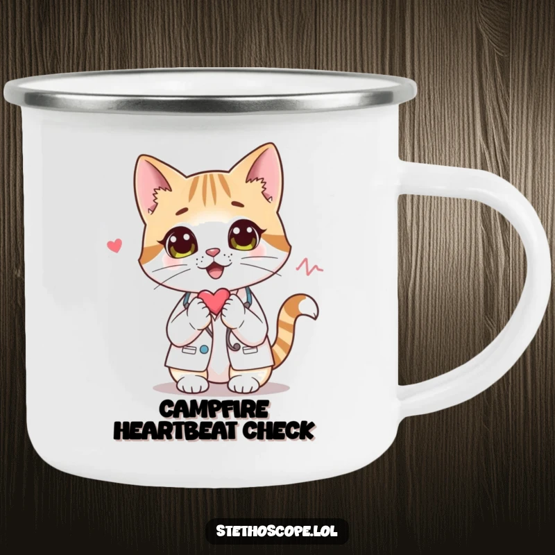 Funny cat doctor camping mug, a curious cat character listening to a heartbeat, designed for outdoor fun.