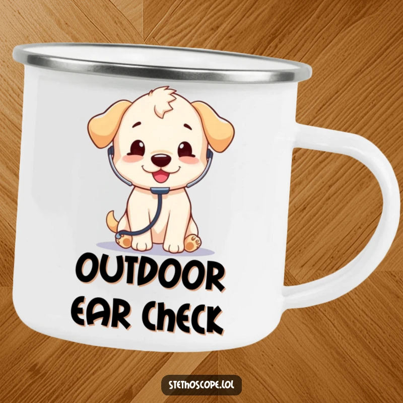 Funny Puppy Doctor Camping Mug: A playful puppy with a stethoscope, ready for outdoor adventures and humorous beverages.
