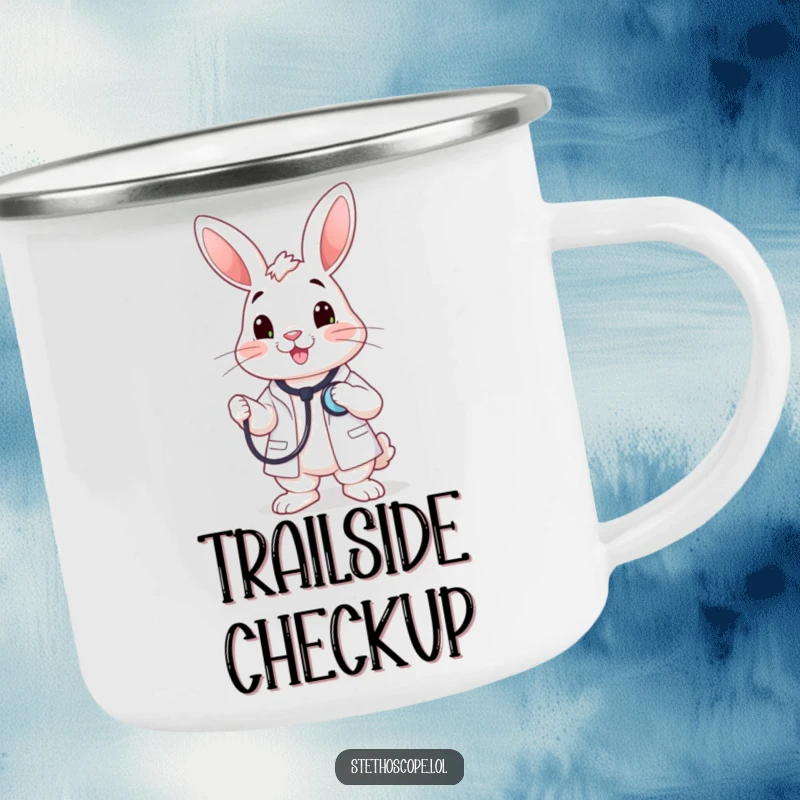 Funny happy rabbit doctor character holding a stethoscope to its chest, a sturdy and humorous camping mug.