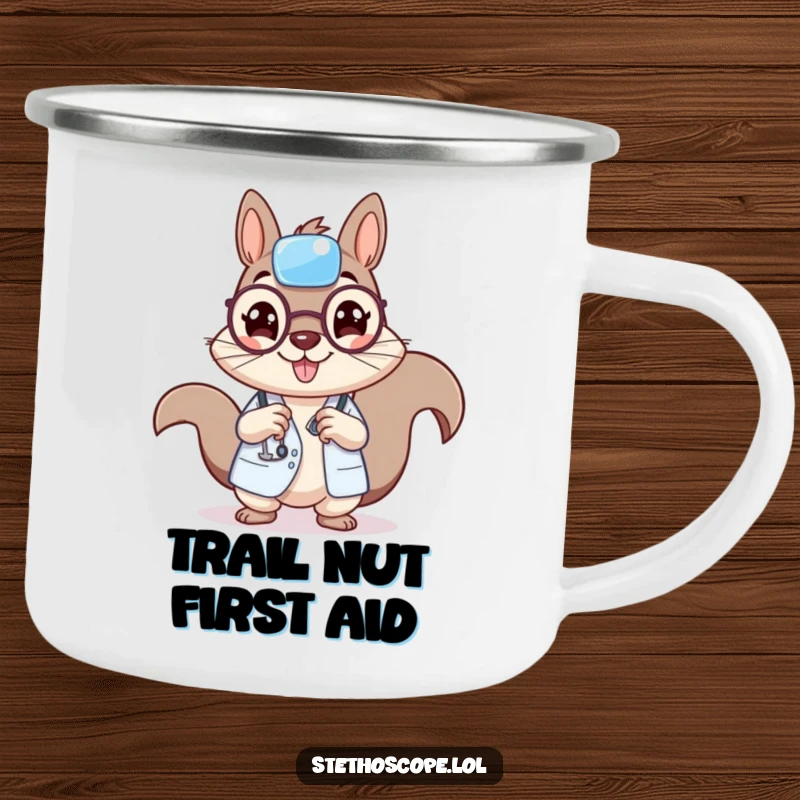 Funny squirrel doctor camping mug, a cheerful squirrel with a tiny bandage, ready for outdoor adventures.