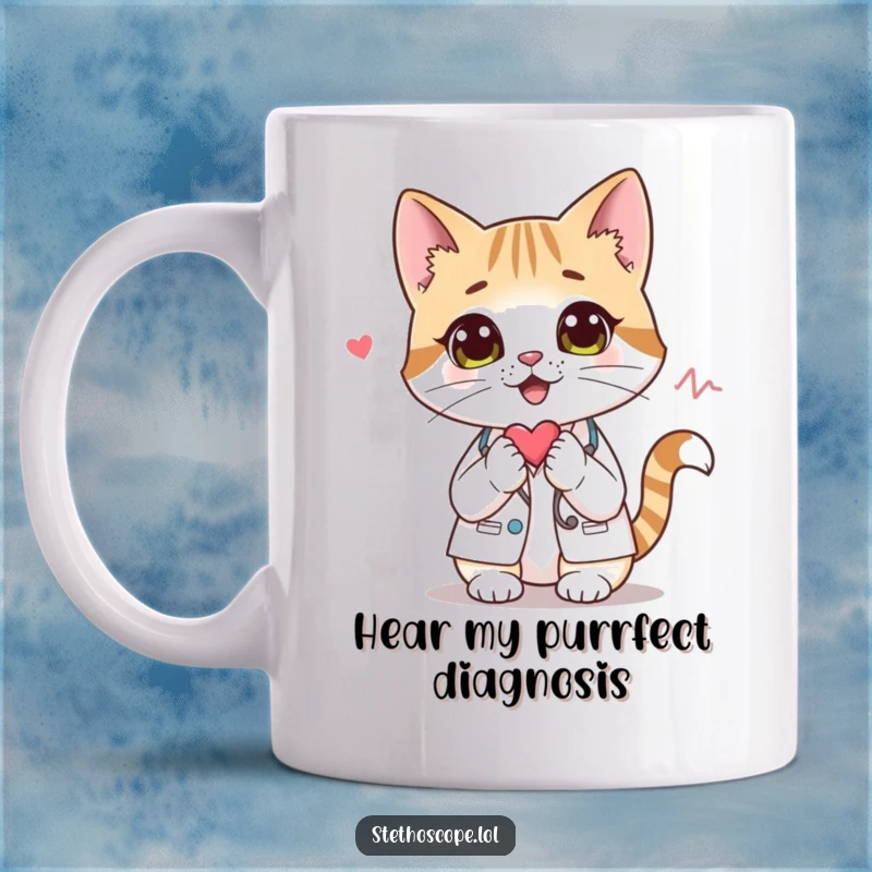 Funny cat doctor character listening intently to a heartbeat with a stethoscope, looking curious and professional.