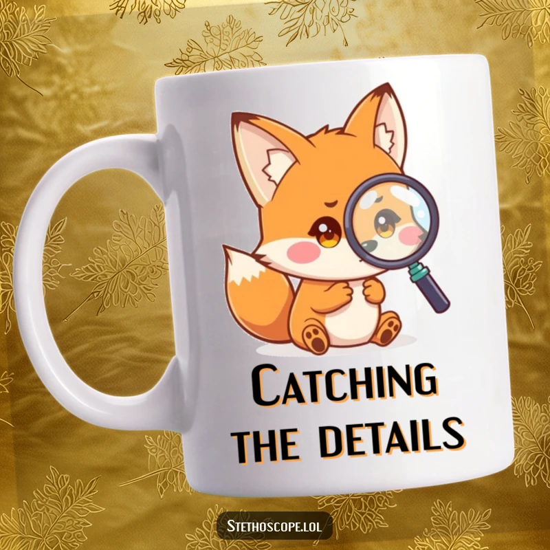 Funny fox mug, a playful small fox examining a magnified image with curious eyes, perfect for a humorous gift.