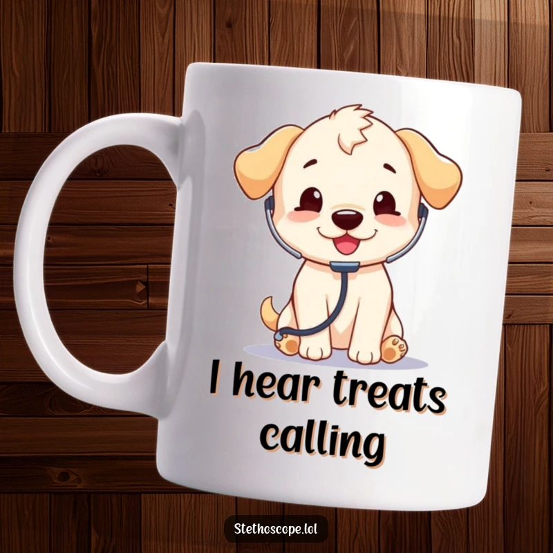 Funny Puppy Doctor Mug: A playful puppy happily listening with a stethoscope, conveying warmth and humorous veterinary care.