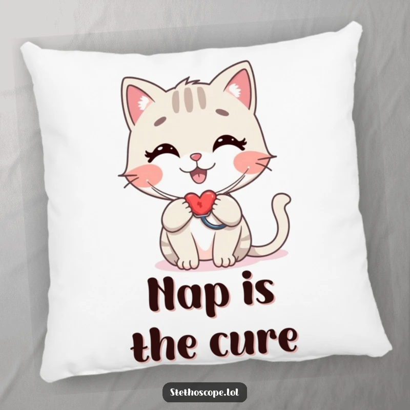Funny cat doctor pillow, a stylized happy cat checking a heartbeat with a stethoscope, humorous decorative gift.