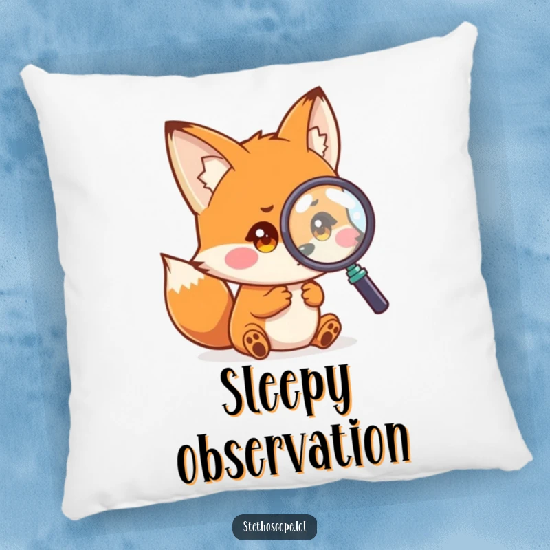 Funny fox pillow, a playful small fox examining a magnified image with curious eyes, humorous decorative gift.
