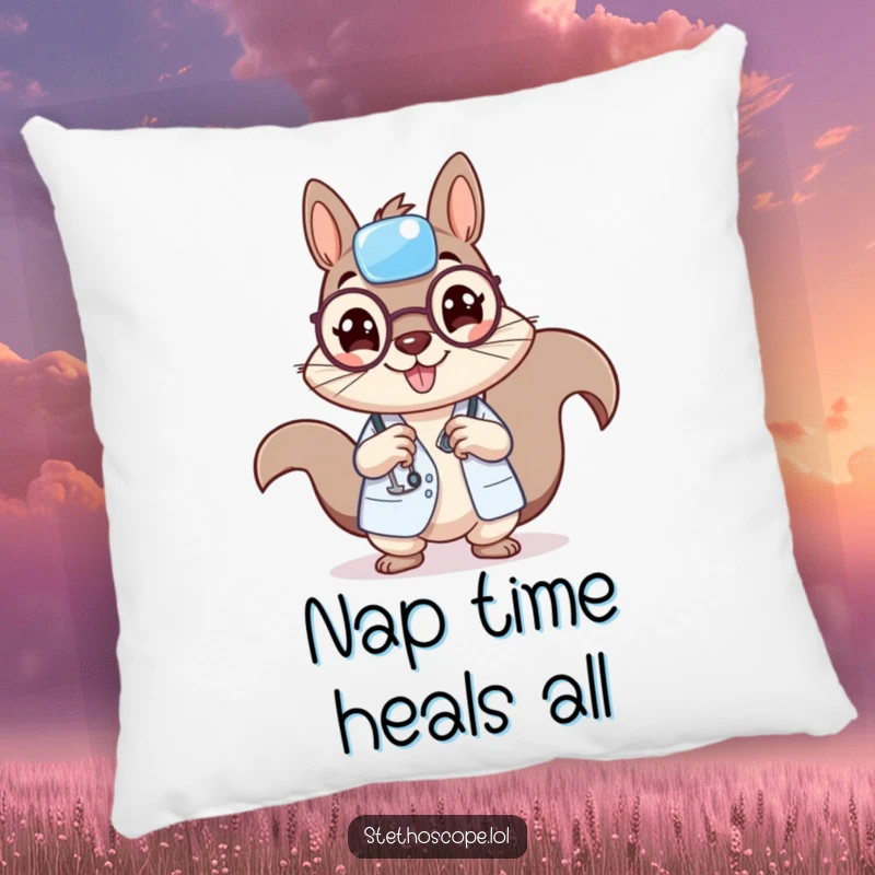 Funny squirrel doctor pillow, featuring a cheerful squirrel character holding a tiny bandage, soft and amusing decor.