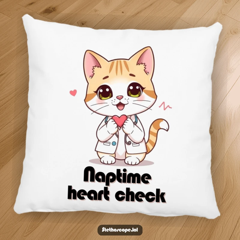 Funny cat doctor pillow, featuring a curious cat character listening to a heartbeat, soft and decorative.
