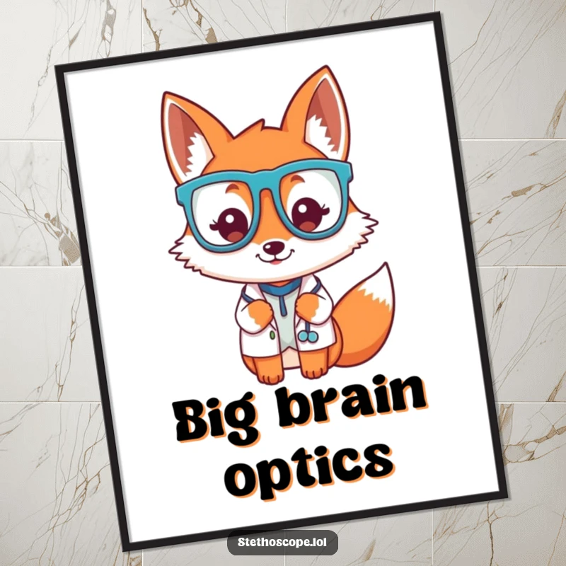 Funny playful fox doctor character wearing oversized glasses, a downloadable witty digital art.