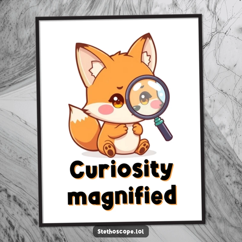 Funny fox digital art print, a playful small fox examining a magnified image with curious eyes, humorous printable gift.