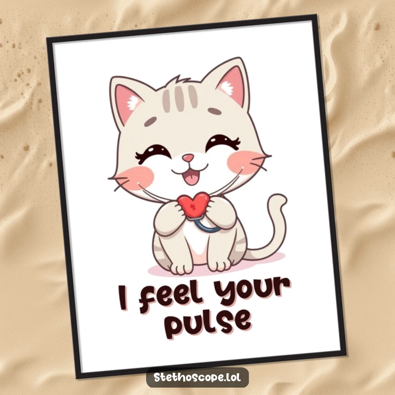 Funny cat doctor digital art print, a stylized happy cat checking a heartbeat with a stethoscope, humorous printable gift.