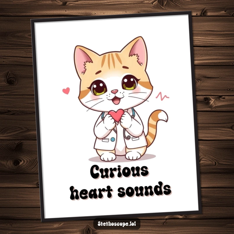Funny cat doctor digital art print, showing a curious cat character intently listening to a heartbeat.