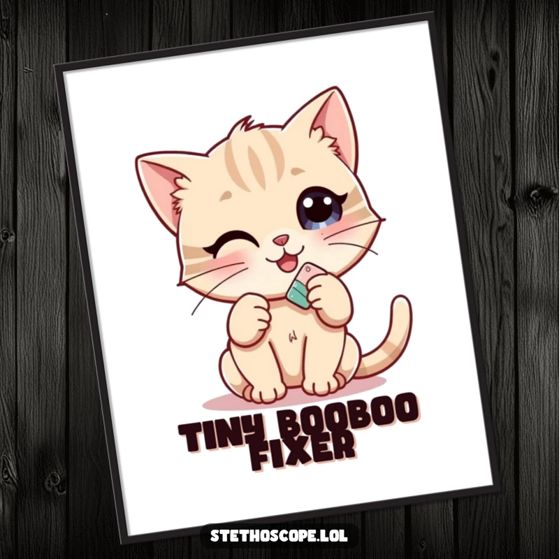 Funny Kitten Doctor Digital Art Print: A cheerful kitten with a tiny bandage, ready to bring humorous charm to any digital display.
