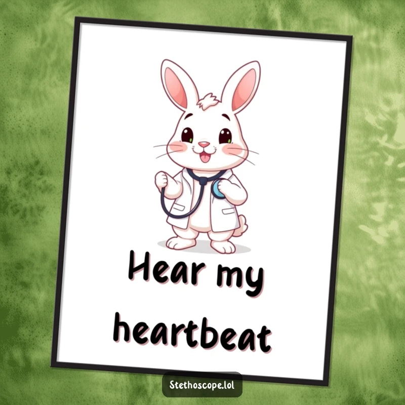 Funny happy rabbit doctor character holding a stethoscope to its chest, a downloadable humorous medical art.