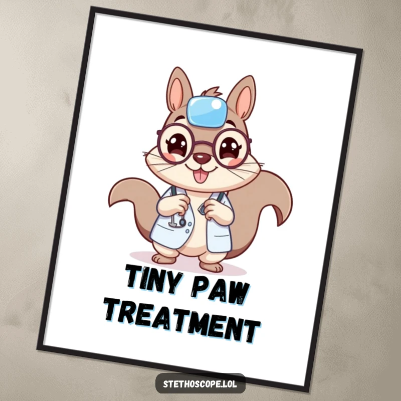 Funny squirrel doctor digital art print, a cheerful character with a tiny bandage, radiating positivity and humor.