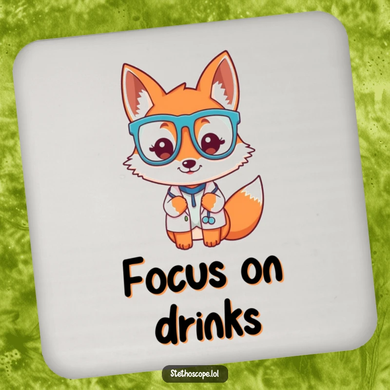 Funny playful fox doctor character wearing oversized glasses, a protective and humorous coaster.
