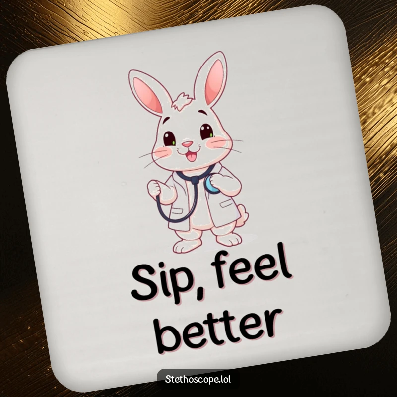 Funny happy rabbit doctor character holding a stethoscope to its chest, a protective and humorous coaster.