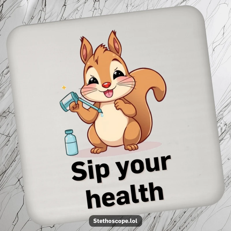Funny Squirrel Doctor Coasters: A happy squirrel with pretend medicine, offering a humorous and protective surface for drinks.