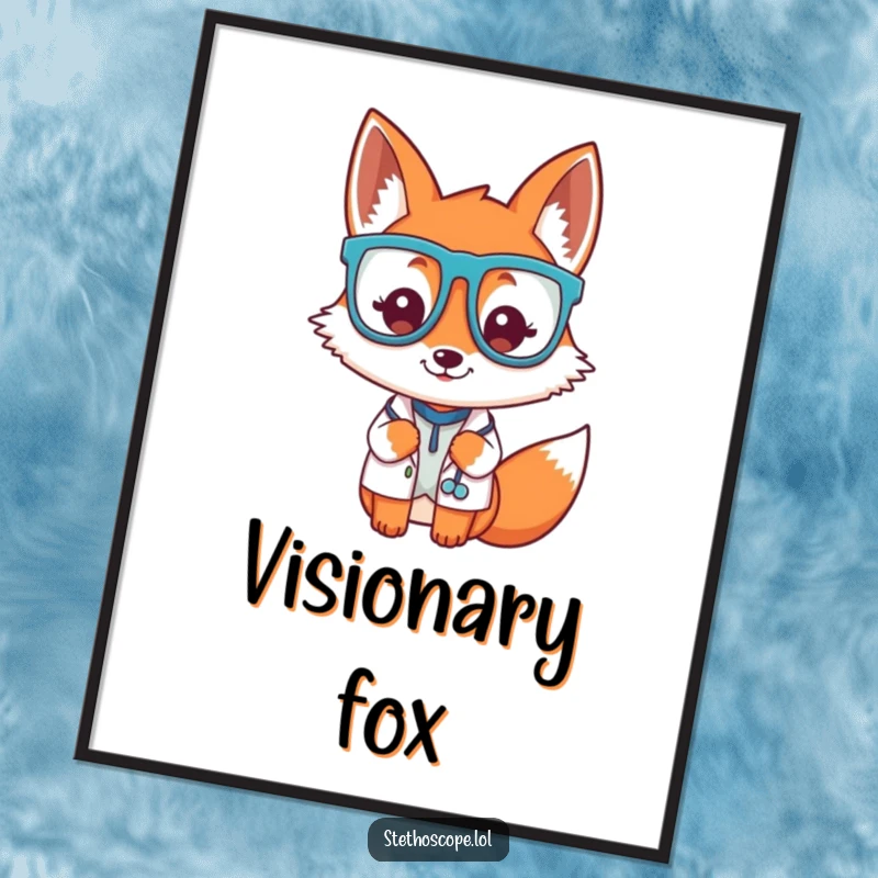 Funny playful fox doctor character wearing oversized glasses, a witty and humorous poster.