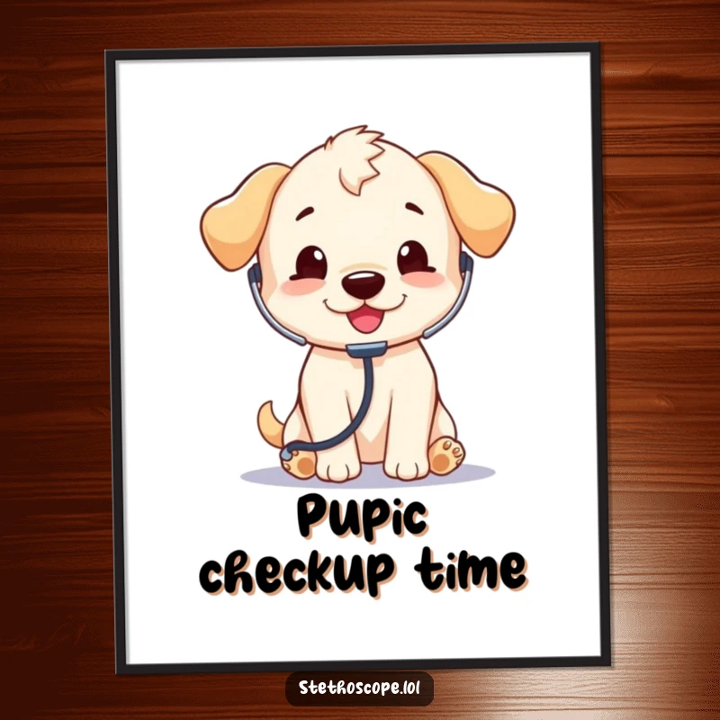 Funny Puppy Doctor Poster: A playful puppy with a stethoscope, depicted in a charming and humorous piece of wall art.