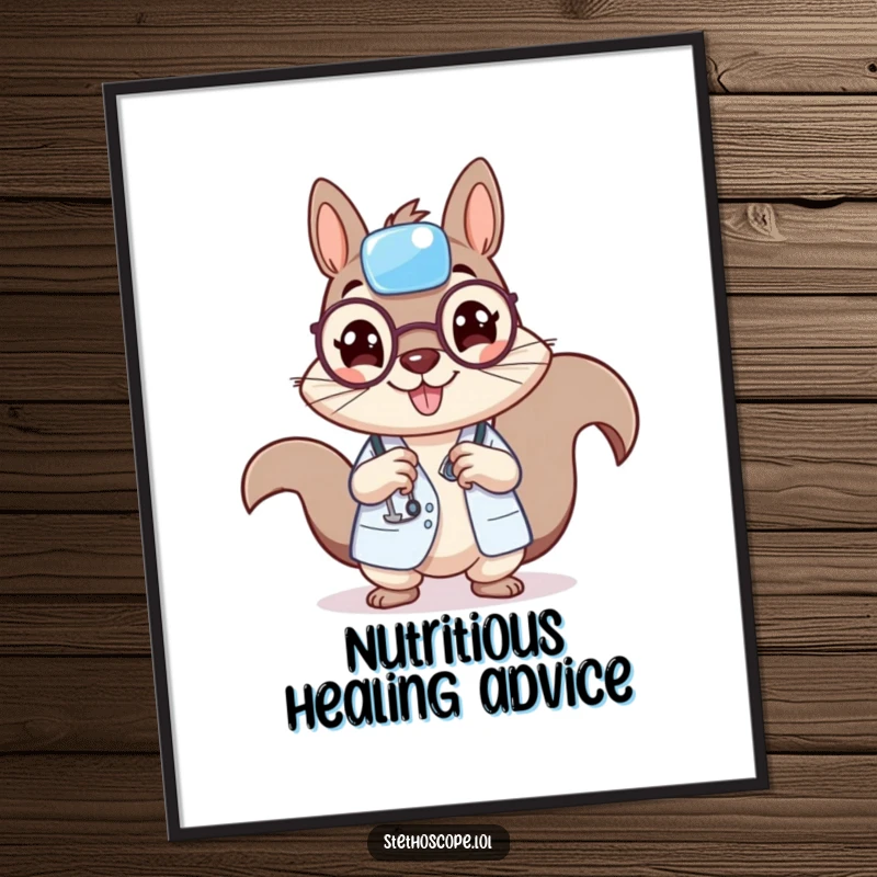 Funny squirrel doctor poster, cheerful rodent holding a tiny bandage, perfect for adding cute medical humor to walls.