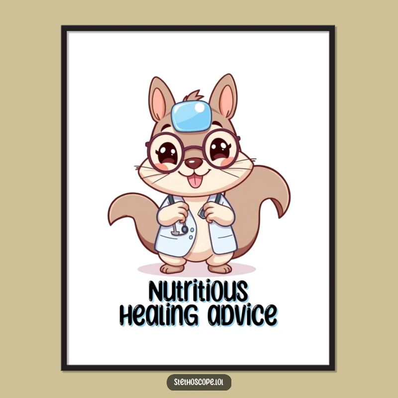 Funny Squirrel Doctor Poster: Adorable Cheerful Medic Art Print, a Whimsical Funny Gift