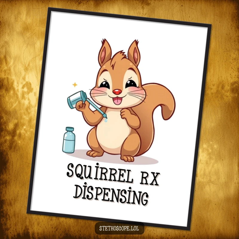 Funny Squirrel Doctor Poster: A happy squirrel administering mock medicine, depicted in a charming and humorous art style.