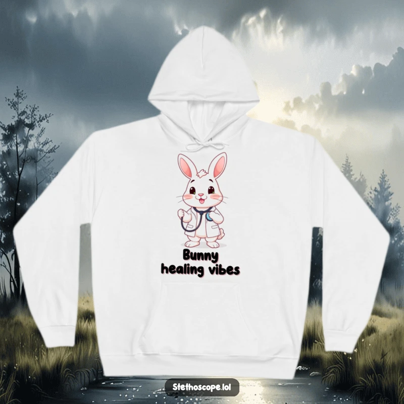 Funny happy rabbit doctor character holding a stethoscope to its chest, a warm and humorous hoodie.