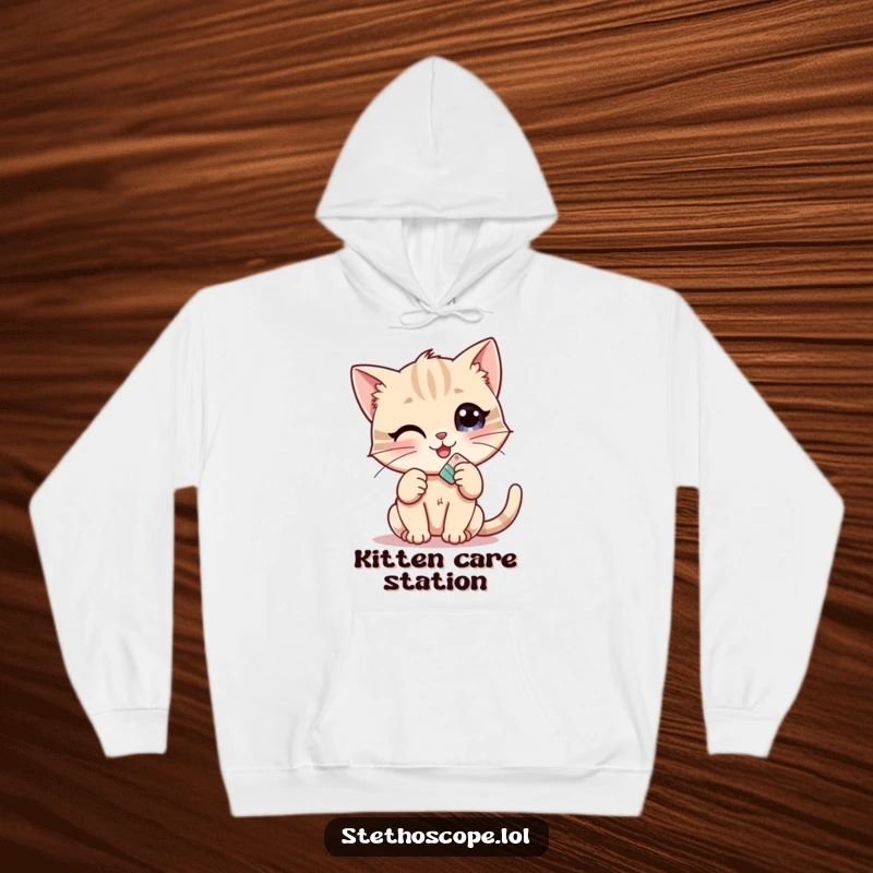 Funny Kitten Doctor Hoodie: A cheerful kitten with a tiny bandage, designed for ultimate warmth and humorous coziness.