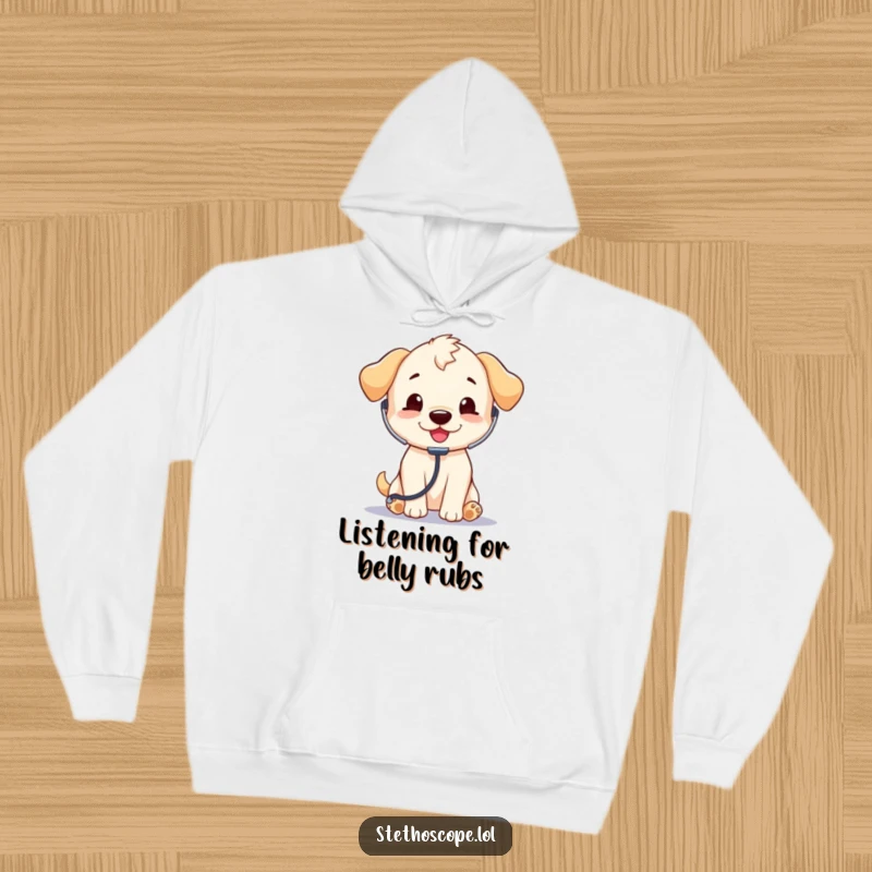 Funny Puppy Doctor Hoodie: A playful puppy wearing a stethoscope, designed for ultimate warmth and humorous comfort.