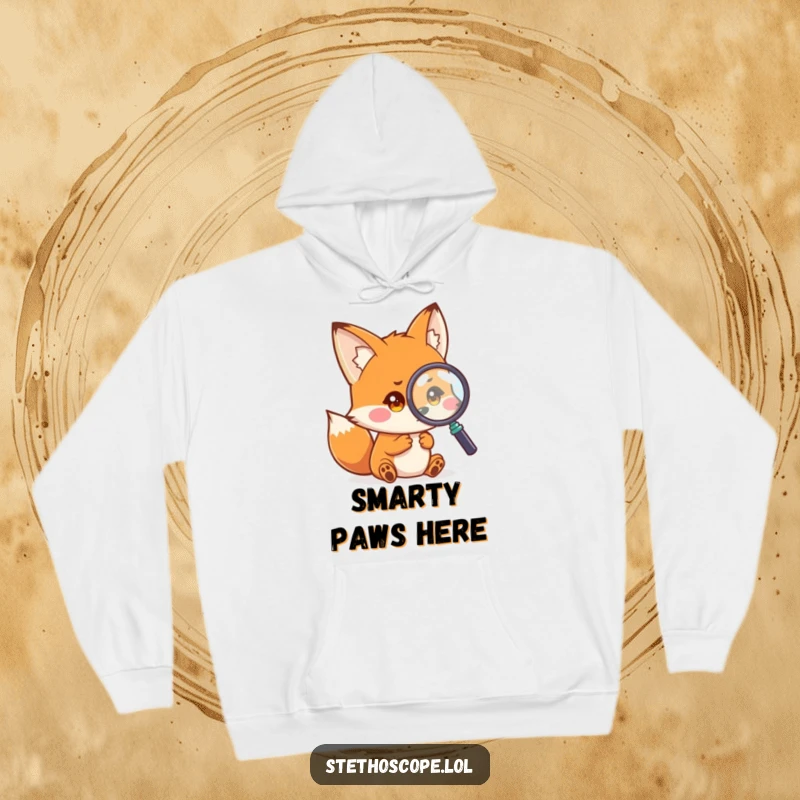 Funny fox hoodie, a playful small fox examining a magnified image with curious eyes, perfect humorous apparel.