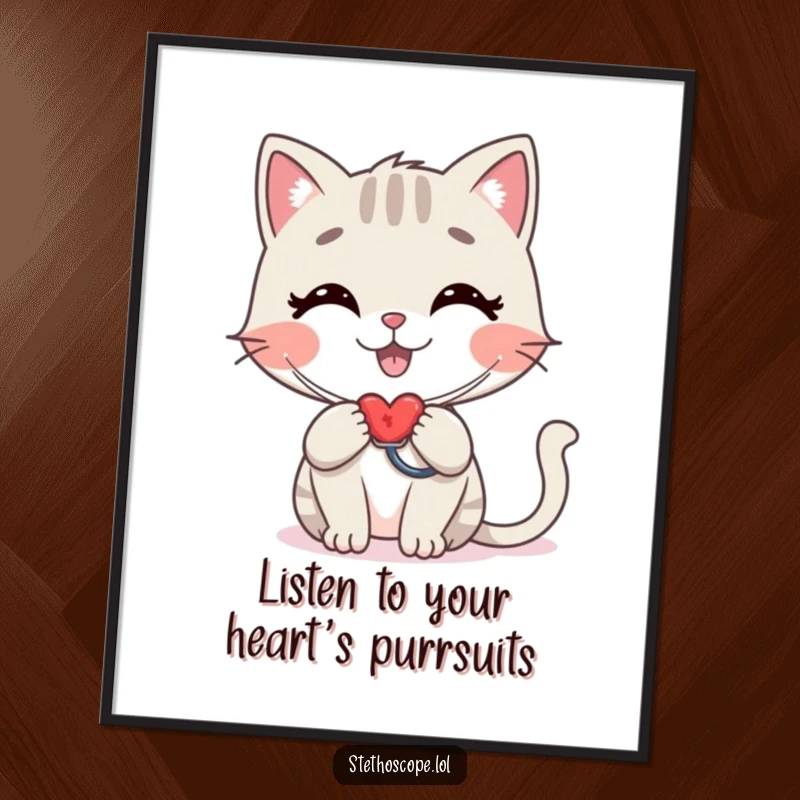 Funny Free Printable Happy Cat Wall Art: A stylized cat happily checking a heartbeat with a stethoscope