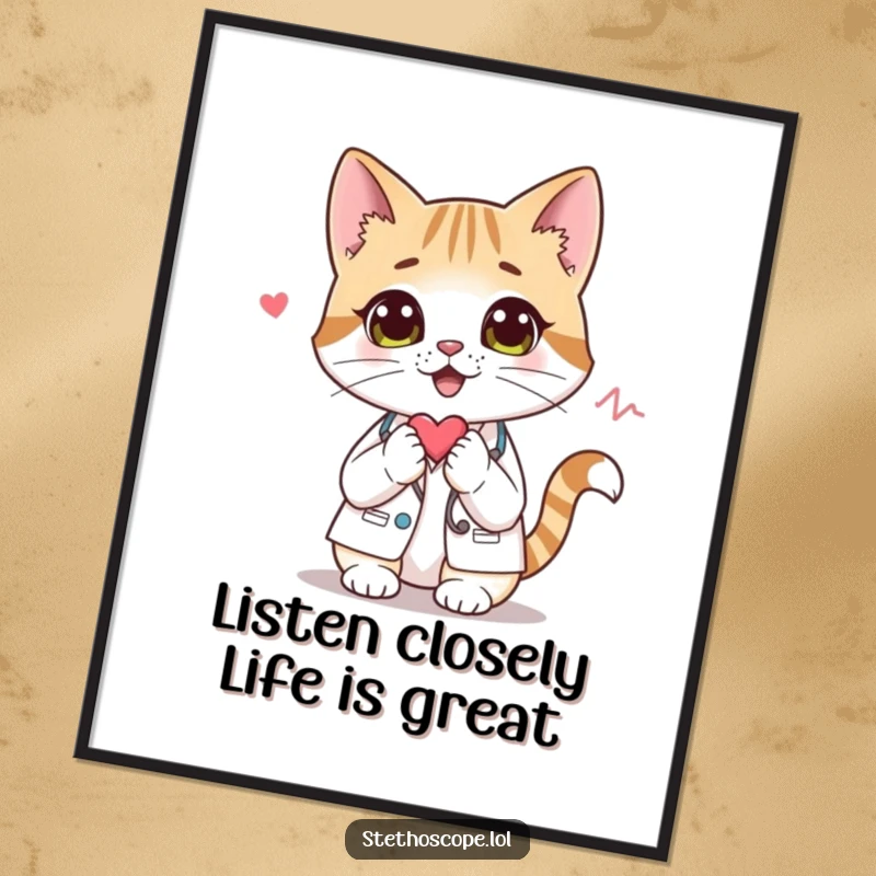 Funny Free Printable Wall Art: A curious cat doctor character listens to a heartbeat, adding a touch of whimsical humor to your decor.