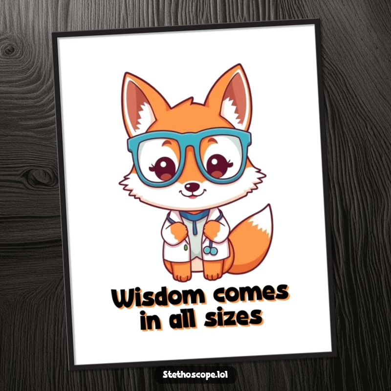 Funny Free Printable playful fox doctor wearing oversized glasses, adding witty downloadable art to any room.