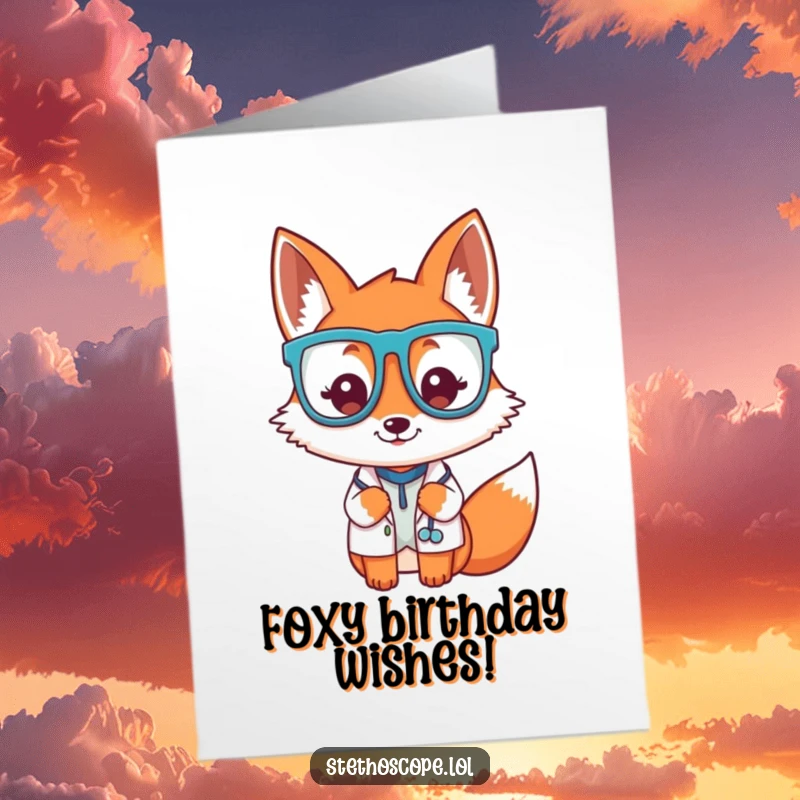 Funny Free Printable playful fox doctor wearing oversized glasses, wishing a happy birthday with downloadable art.
