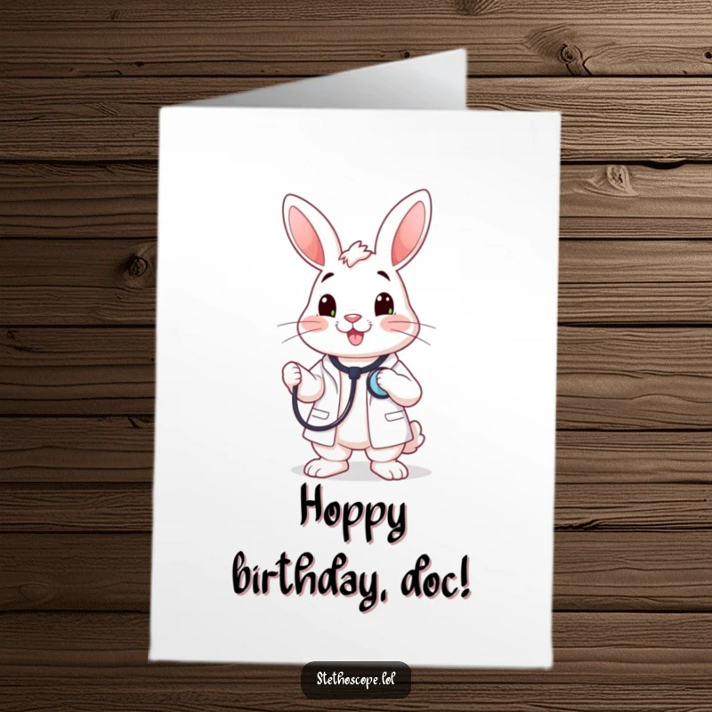 Funny Free Printable happy rabbit doctor holding a stethoscope to its chest, wishing a happy birthday with downloadable art.
