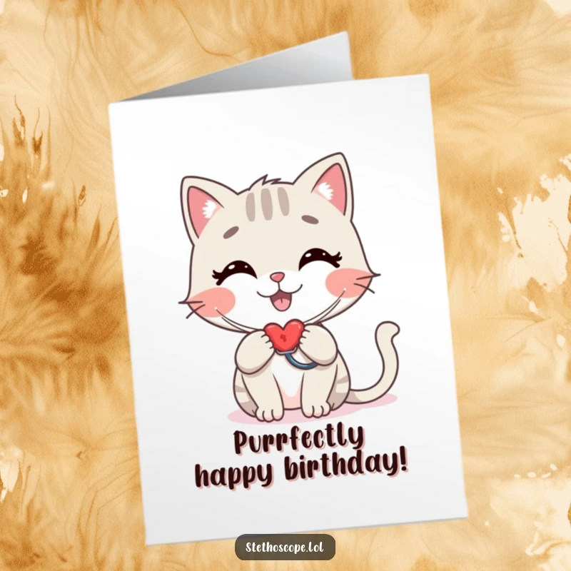 Funny Free Printable Happy Cat Birthday Card: A stylized cat checking a heartbeat with a stethoscope happily