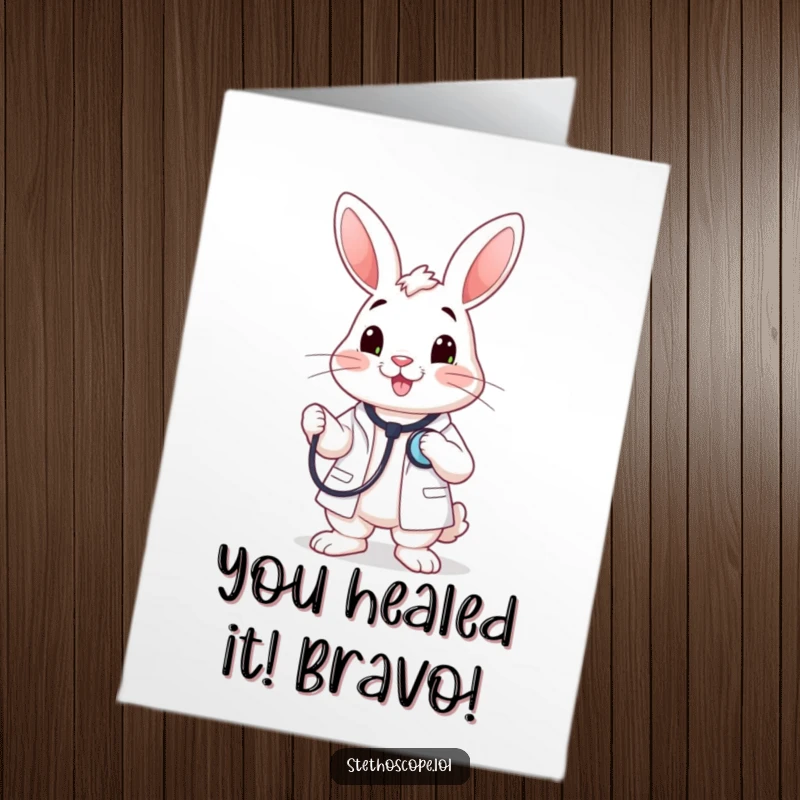 Funny Free Printable happy rabbit doctor holding a stethoscope to its chest, conveying congratulations with downloadable art.