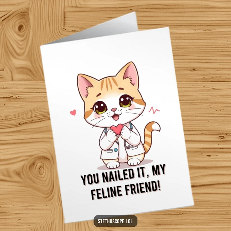 Funny Free Printable Congrats Card: A curious cat doctor character listens to a heartbeat, celebrating success with a humorous touch.