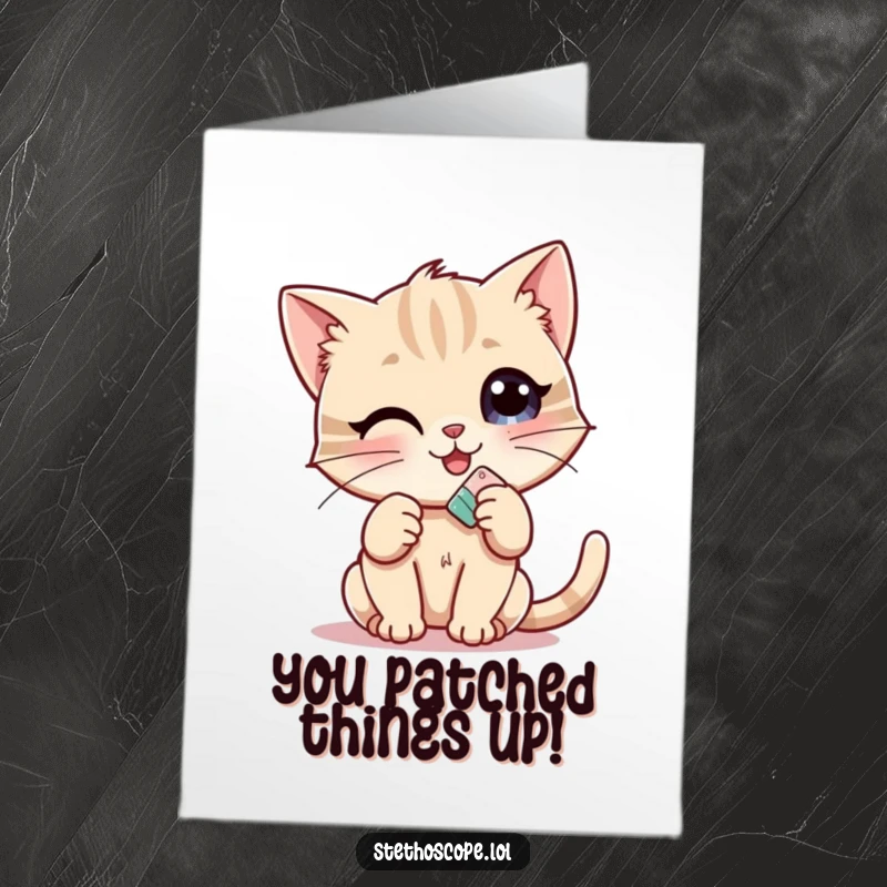Funny Free Printable Congratulations Card: A happy kitten holds out a tiny bandage, celebrating achievements with a sweet touch.