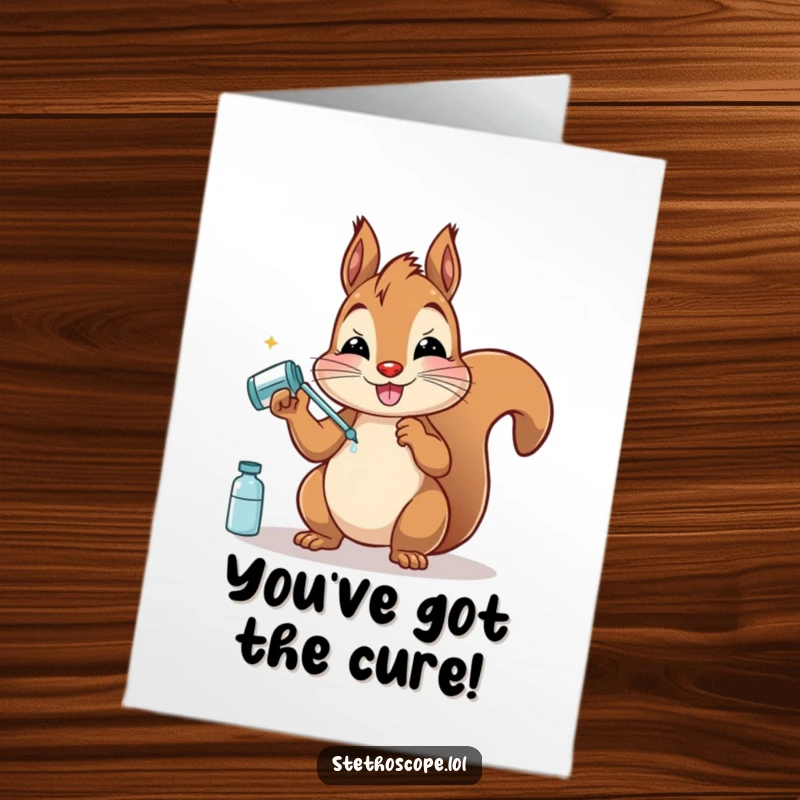 Funny Free Printable Congratulations Card: A happy squirrel gives pretend medicine, celebrating success with a humorous, healthy twist.