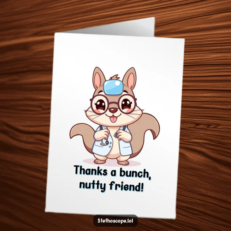 Funny Free Printable Thank You Card: A cheerful squirrel doctor character holding a tiny bandage, offering thanks with a humorous touch.
