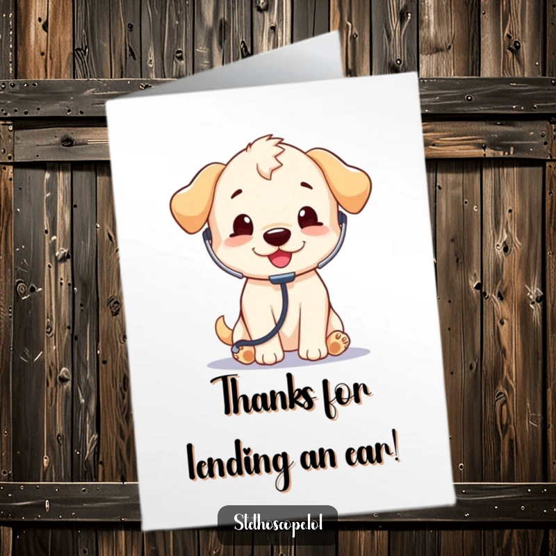 Funny Free Printable Thank You Card: A playful puppy in doctor attire uses a stethoscope to convey a charming thank you.