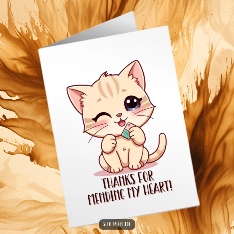 Funny Free Printable Thank You Card: A cheerful kitten offers a tiny bandage, conveying gratitude with a sweet, humorous touch.