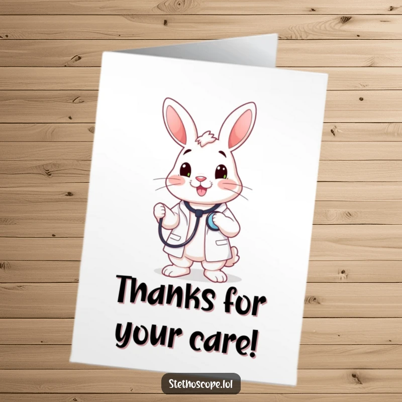 Funny Free Printable happy rabbit doctor holding a stethoscope to its chest, expressing thanks with downloadable art.