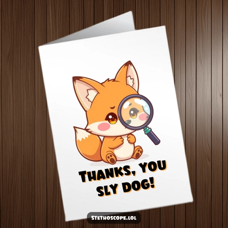 Funny Free Printable Curious Fox Thank You Card: A small fox examining a magnified object with thanks