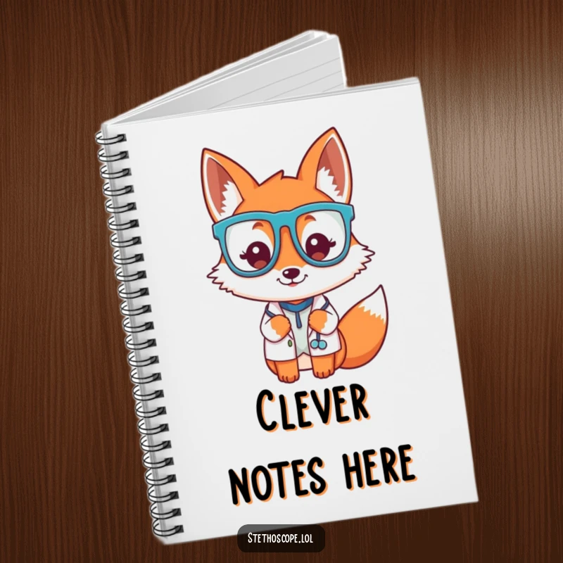 Funny playful fox doctor character wearing oversized glasses, a cute and humorous notebook.
